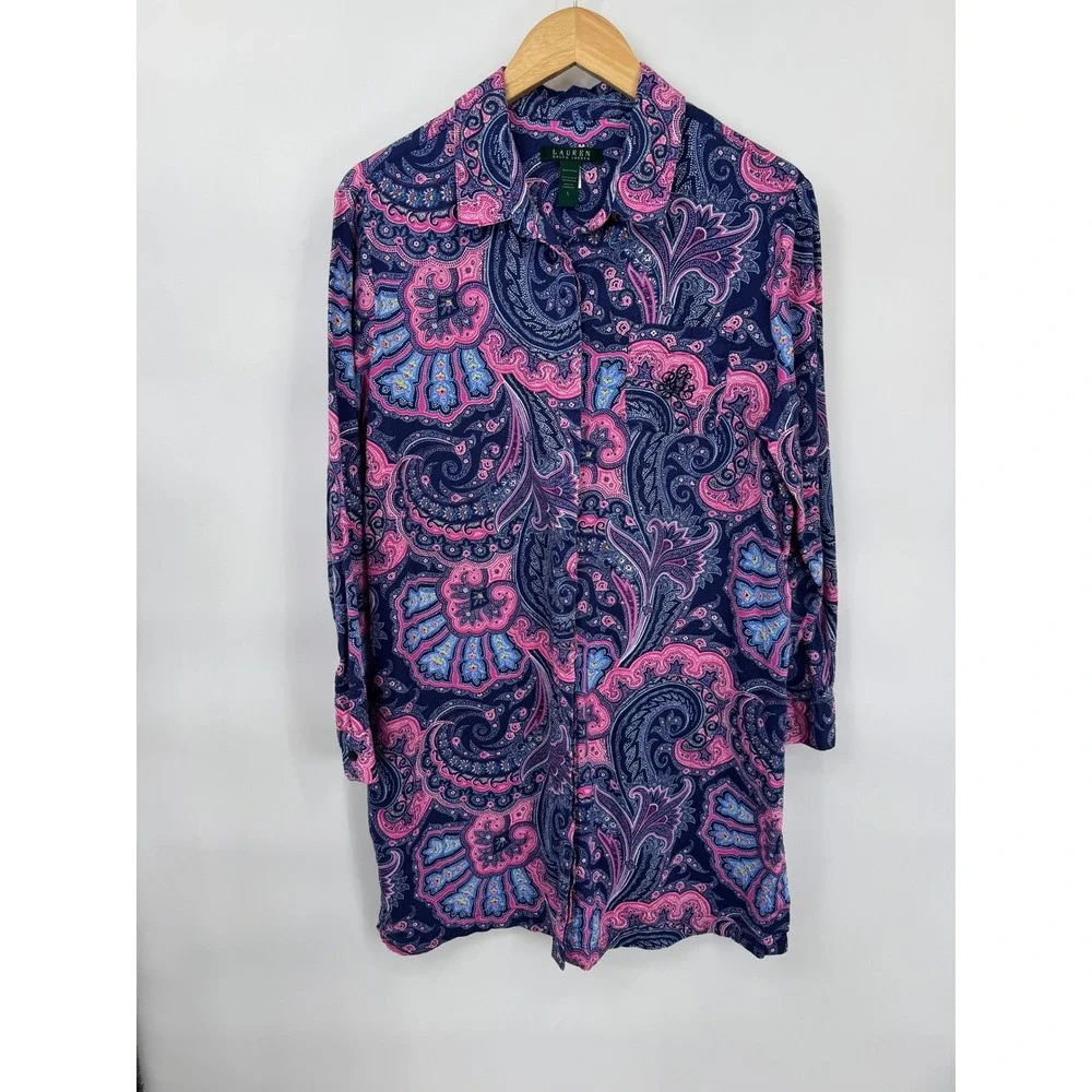 Lauren Ralph Lauren Sleep Shirt Womens L Blue Pink Paisley Cotton Button Front